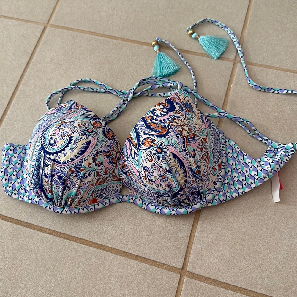 Cross back push up teal and lavender bikini top + coordinating bottoms